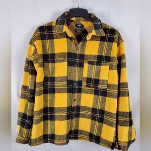 Forever 21 Men's Yellow and Black Plaid Jacket Coat Size Small Cozy Warm Casual